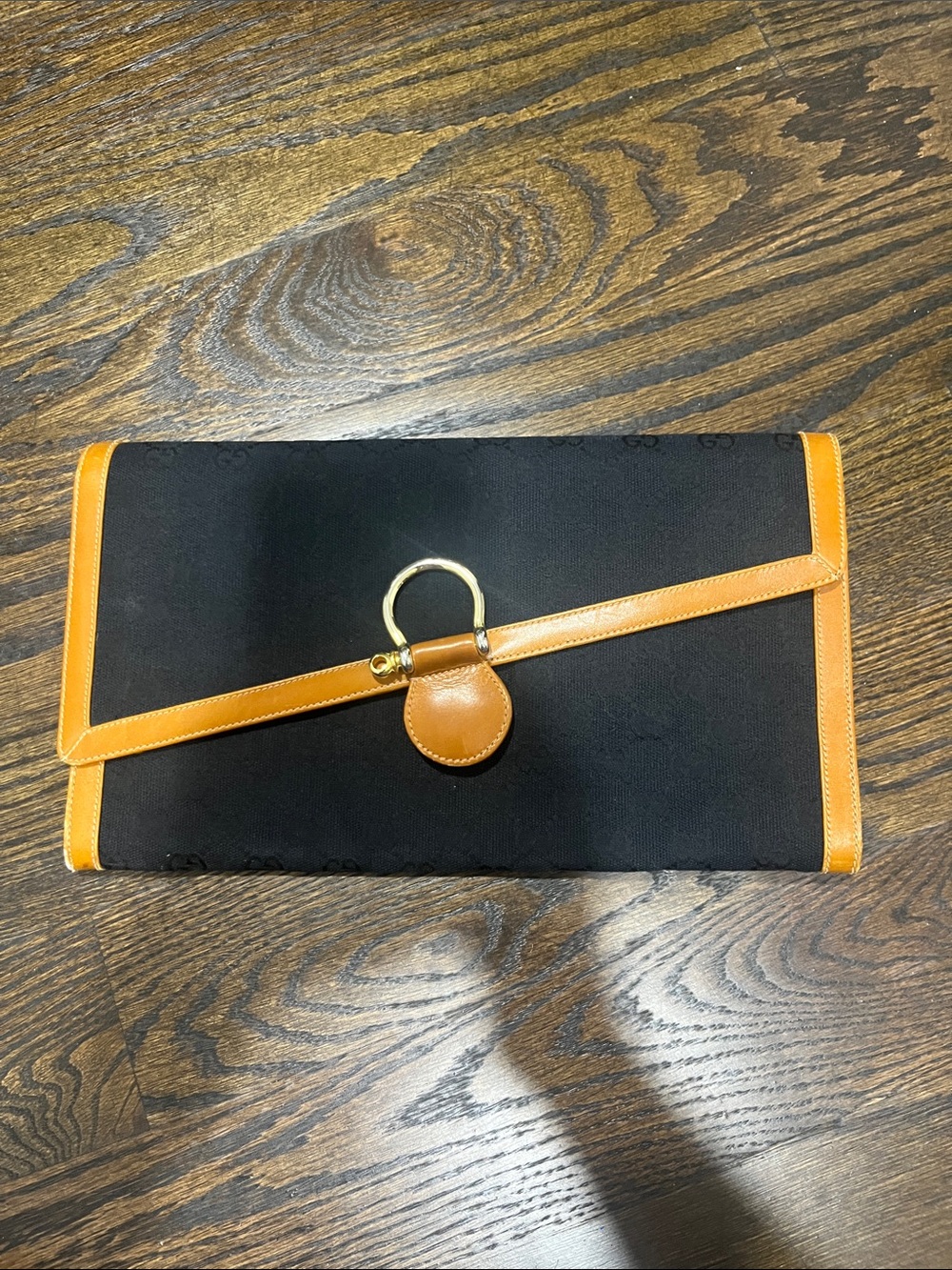 Vintage Gucci Black Canvas Clutch with Tan Leather Trim and Gold Ring